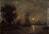 Johan Barthold Jongkind Canvas Paintings - Holandaise Landscape with Docked Boat